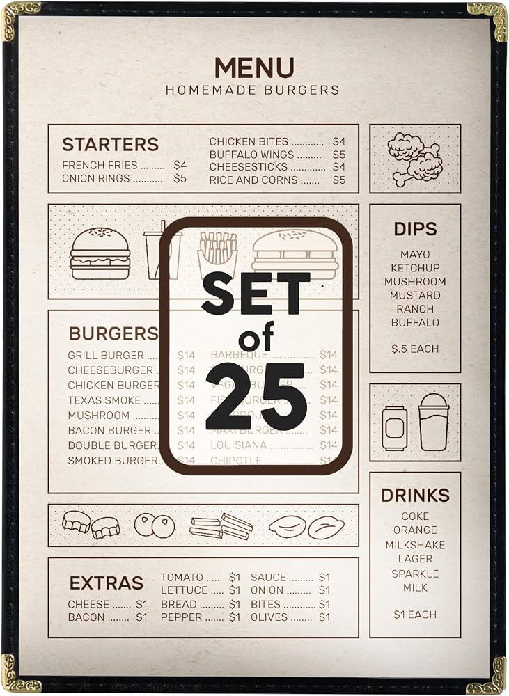 25 Restaurant Menu Covers 8.5'' x 11'', Double Stitched Single Pocket Menu Holder with Golden Cor... | Amazon (US)