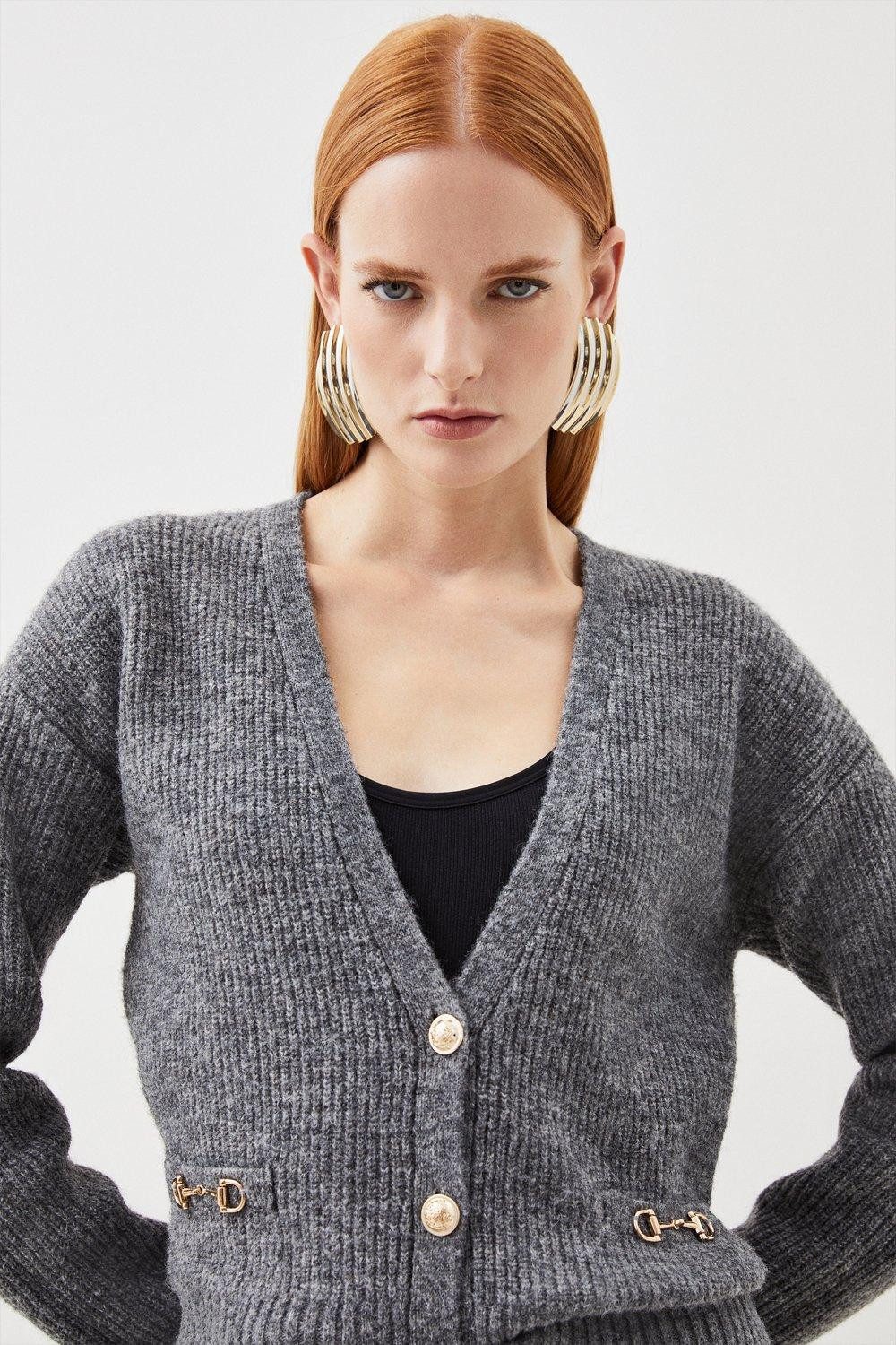 Wool Blend Cosy Military Trim Knit Cardigan | Karen Millen US