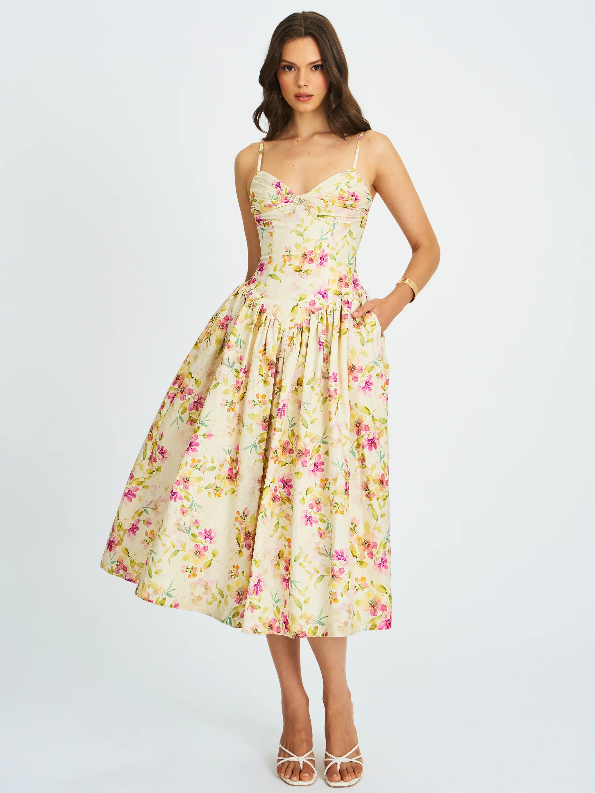 Jacinda Yellow Floral Print Ruched Breast Linen Midi Dress | Miss Circle