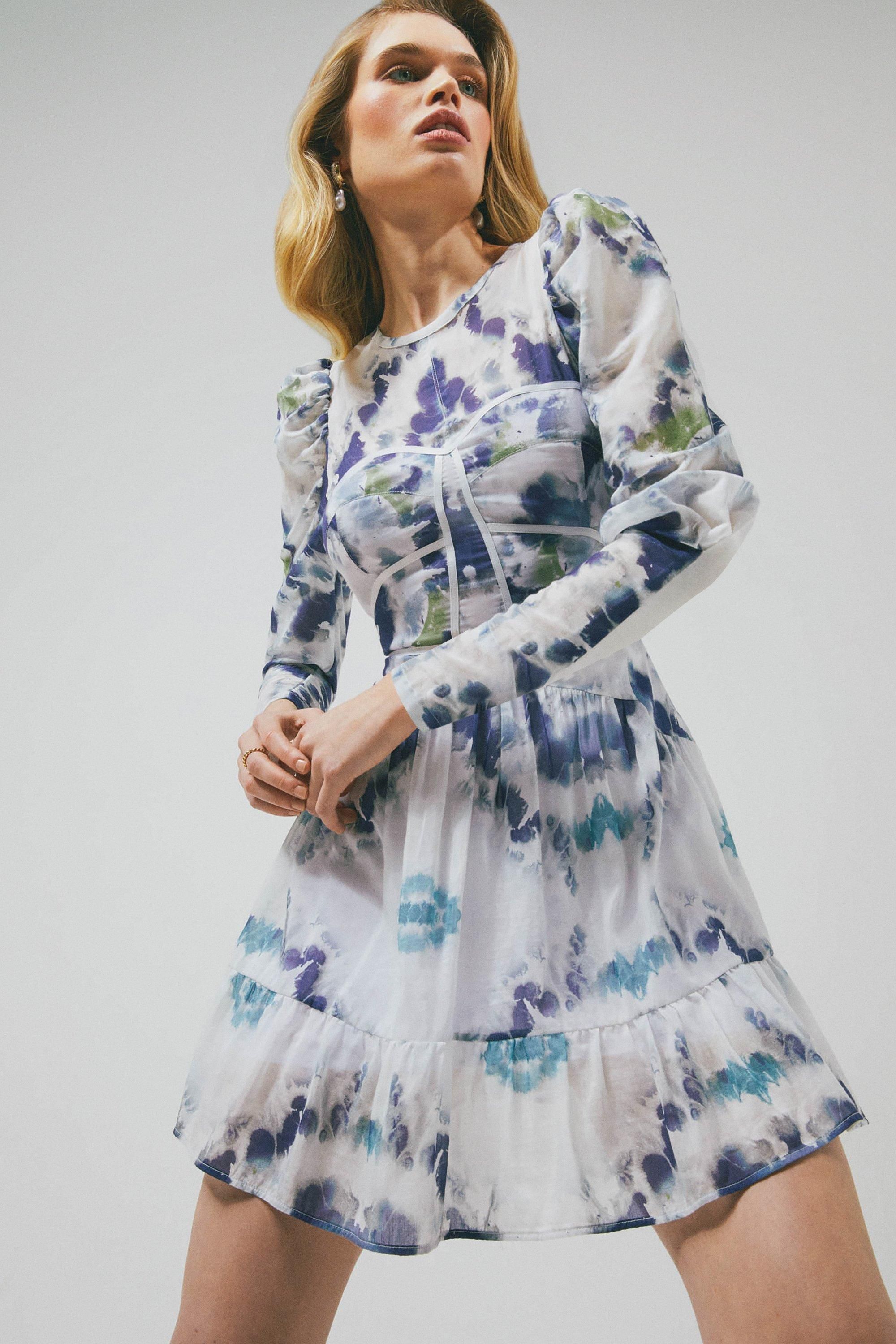 Tie Dye Pin Tuck Shoulder Short Dress | Karen Millen UK & IE
