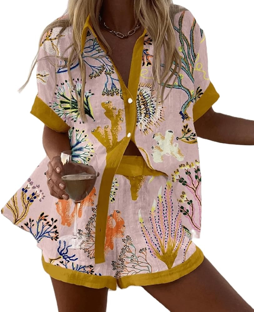 SOOKABEILA Women Graphic 2 Piece Outfit Short Sleeve Sun Print Button Up Shirt Drawstring Shorts ... | Amazon (US)