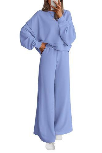 PRETTYGARDEN Women 2 Piece Outfits 2026 Spring Sweatsuits Crewneck Sweatshirt Wide Leg Sweatpants Lounge Sets Tracksuit(Light Blue,X-Small) | Amazon (US)
