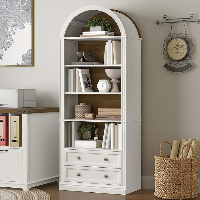 RALGEND Farmhouse Arched Bookshelf, 7 Tiers Arch Bookcase with 2 Spacious Drawers, Modern Book Sh... | Amazon (US)