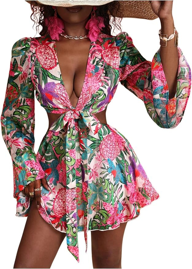 BEAUDRM Women's Tropical Dresses Summer Dress Vacation Beach Sundresses Sexy Long Bell Sleeve Two... | Amazon (US)