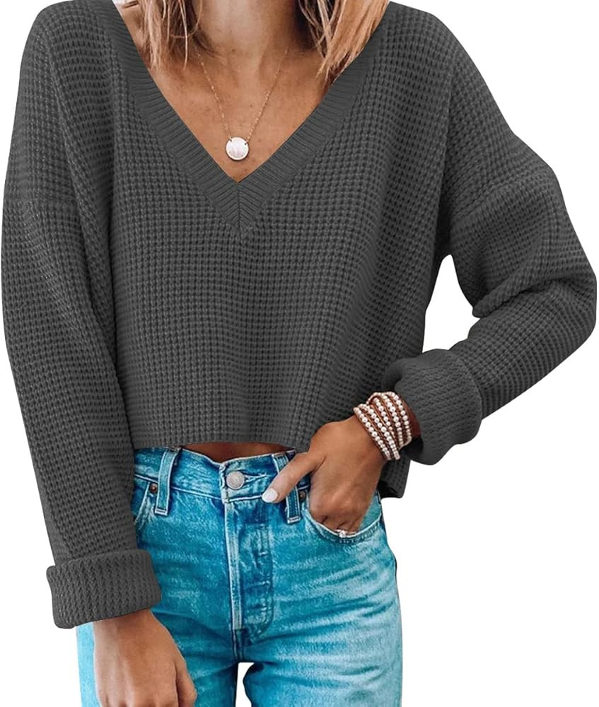 Jumppmile Womens V Neck Waffle Knit Cropped Top Long Sleeve Pullover Crop Sweater | Amazon (US)