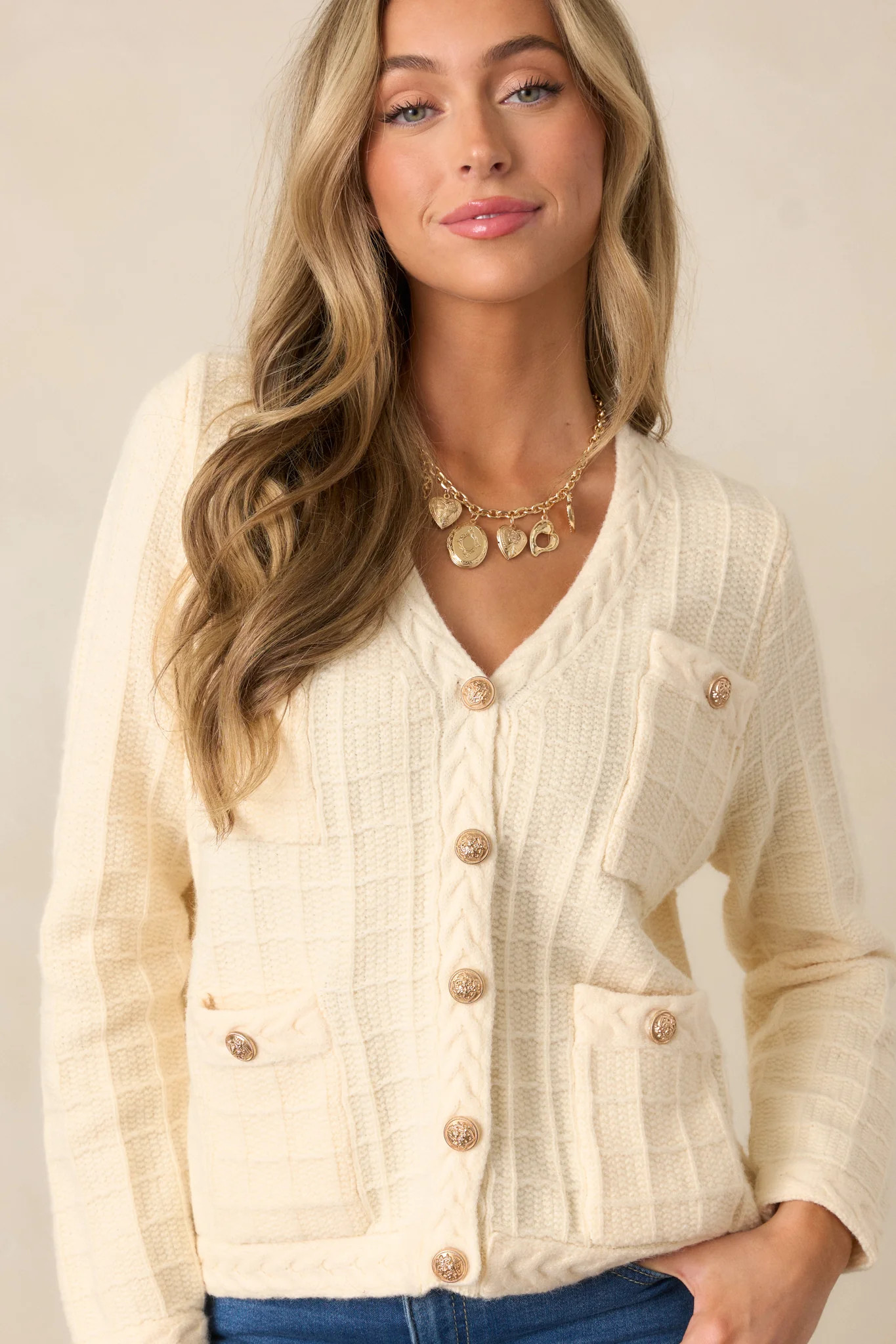 Quiet Days Ivory Cable Knit Cardigan | Red Dress