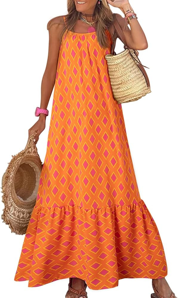 Dokotoo Women Summer Dresses 2026 Spaghetti Strap Scoop Neck Smocked Ruffle Flowy Boho Maxi Dress | Amazon (US)