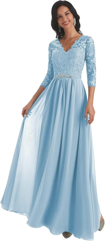 Women's V-Neck Lace Appliques Chiffon Mother of The Bride Dress with Sleeves Long Evening Formal ... | Amazon (US)