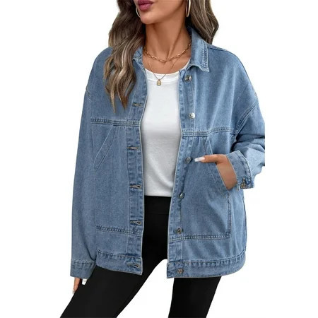 Eytino Denim Jacket Womens Oversized Jean Jacket Casual Long Sleeve Drop Shoulder Button Front Jean Jacket Coat with Pockets | Walmart (US)