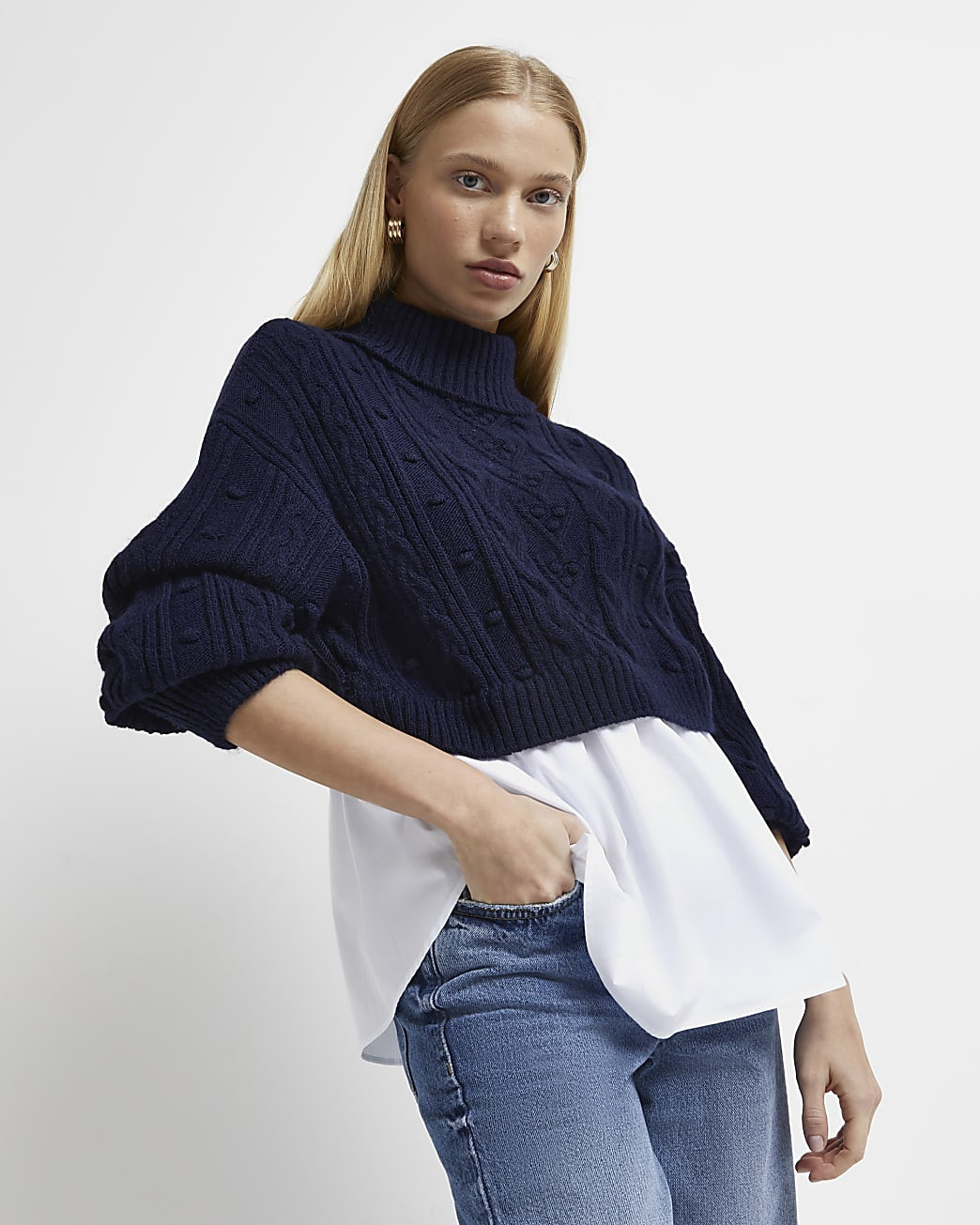 Petite navy chunky cable knit shirt jumper | River Island (UK & IE)