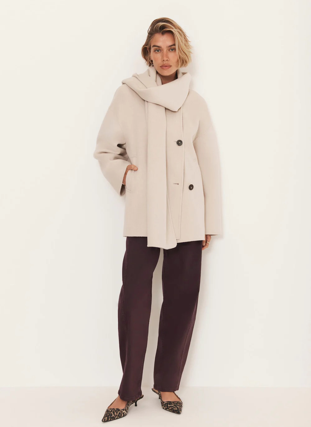 Neutral Wool Blend Hand Finished Scarf Coat | Mint Velvet