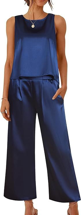 Ekoauer Women's Silk Satin Pajama 2 Piece Outfits Sleeveless Tank Crop Top and Wide Leg Pants Set... | Amazon (US)