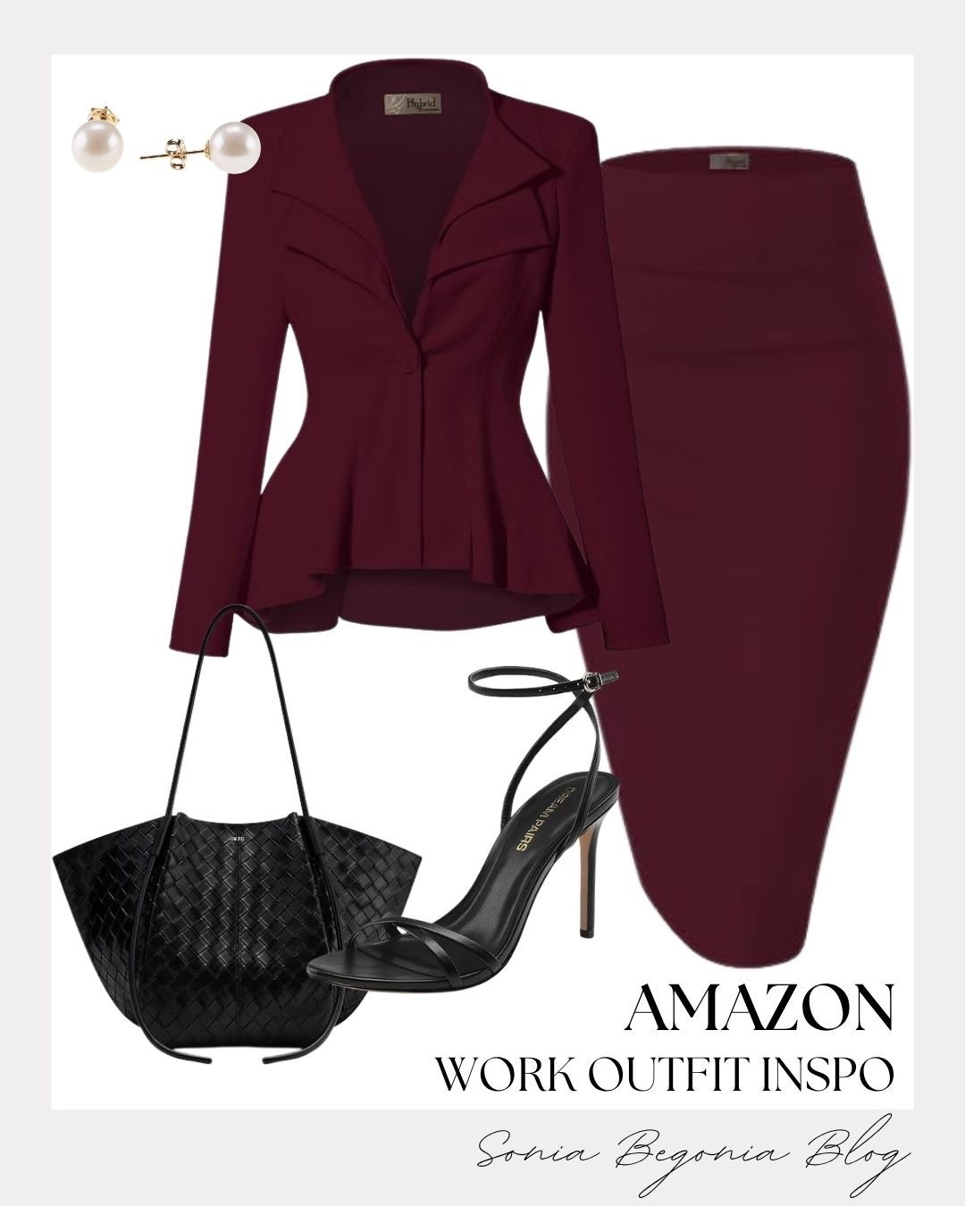 Work outfit inspo! 💼 
This sophisticated burgundy peplum blazer and matching pencil skirt set from Amazon is everything for an elevated office look. The tailoring is sharp, feminine, and so professional.

I finished the look with classic accessories: elegant pearl and diamond stud earrings, a striking black woven leather tote, and sleek black strappy stiletto sandals. 👠 Confidence, check!

#WorkwearInspo #AmazonFashion #OfficeStyle #CareerStyle #BusinessChic #PowerSuiting #PeplumBlazer #LTKworkwear #OOTD #ProfessionalAttire #AestheticWorkwear

#LTKWorkwear #LTKootd