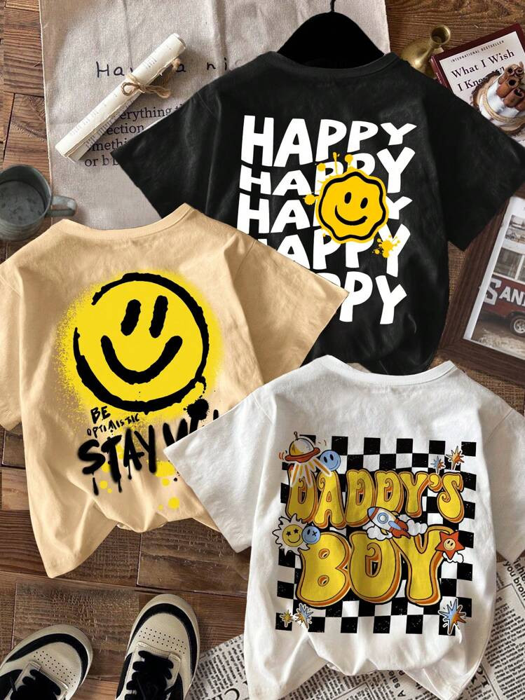 SHEIN 3pcs/Set Young Boy Casual Minimalist Smile Print Round Neck Short Sleeve T-Shirts, Suitable... | SHEIN