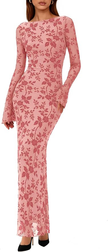 PRETTYGARDEN Women's Floral Bodycon Maxi Dress 2026 Spring Elegant Mesh Long Sleeve Formal Weddin... | Amazon (US)