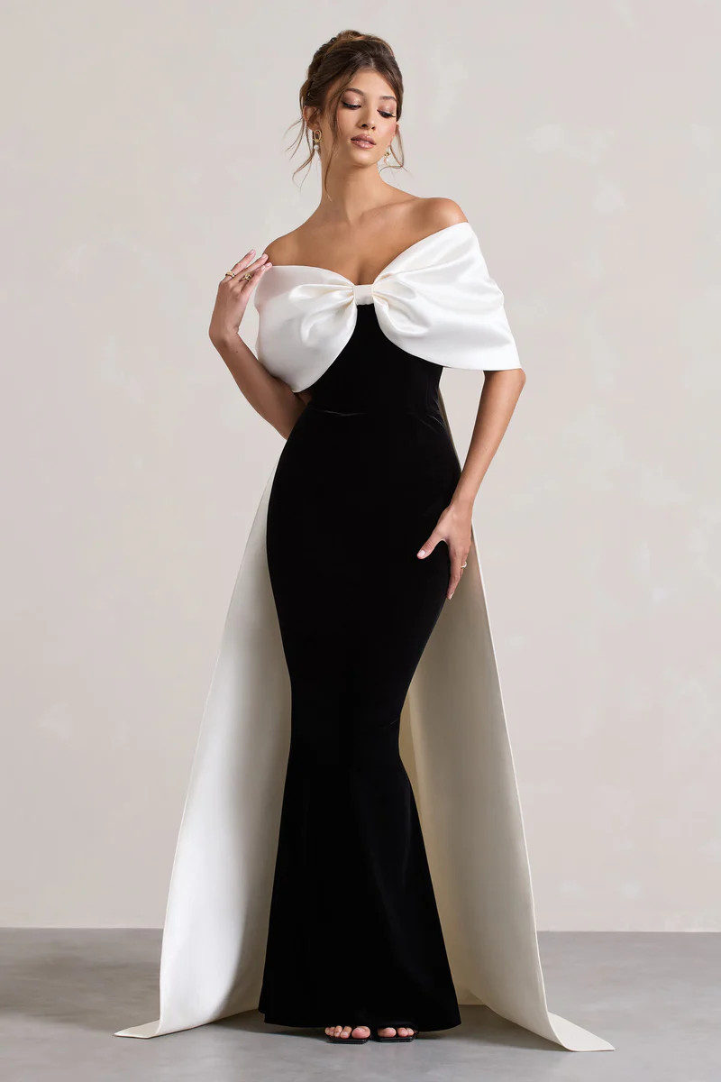 Wanting More  Black & White Satin Cape Maxi Dress With Oversized Bow | Club L London