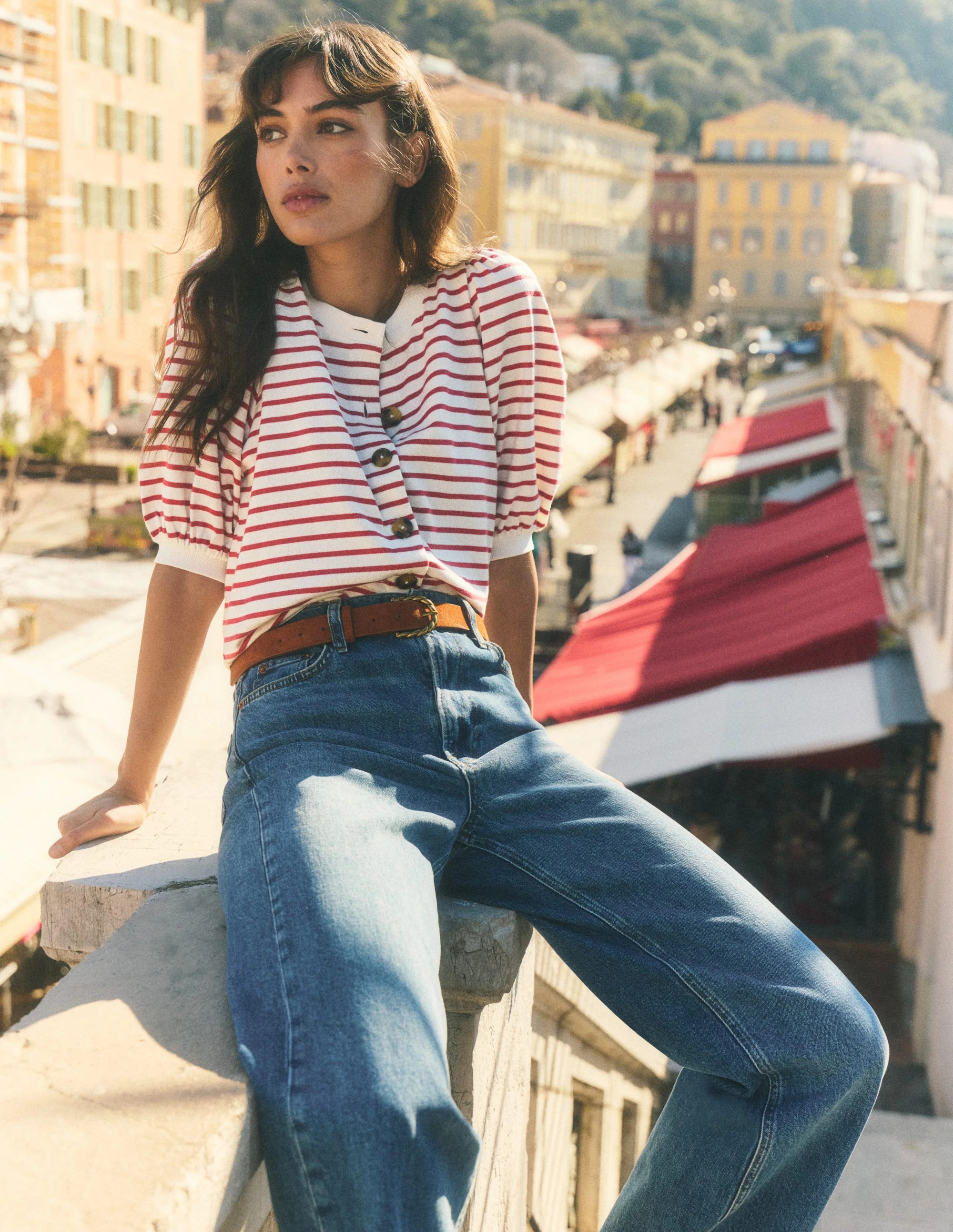 Button-through Puff Sleeve Top-Ivory and Hollyberry Stripe | Boden (US)