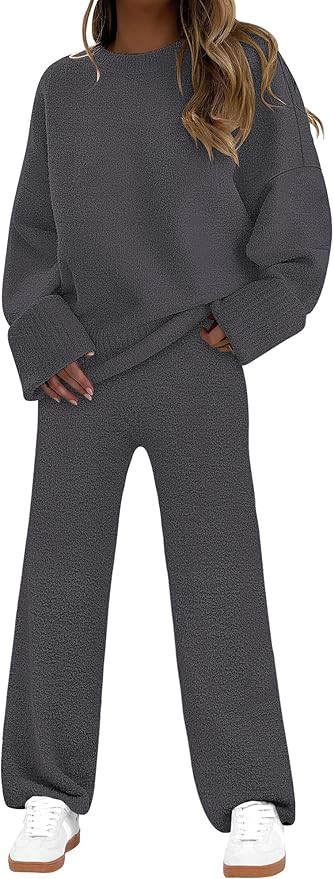 ANRABESS 2 Piece Sets for Women Fall Fuzzy Fleece Pajama Sweater Knit Top Wide Leg Pants Loungewe... | Amazon (US)