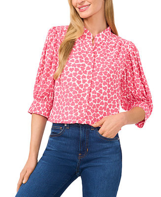 CeCe Women's Valentine Heart-Print Ruched 3/4-Sleeve Collared Blouse - Macy's | Macy's