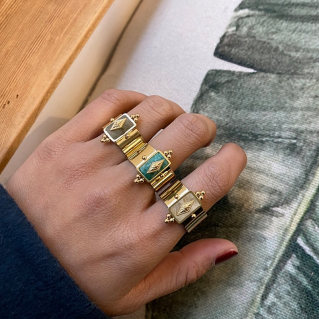 Vintage Natural Stone Ring, 14K Gold Plated Ring, Stainless Steel Ring, Green/white/gray Adjustab... | Etsy (US)