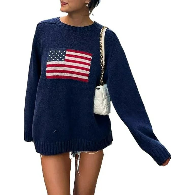 Women American Flag Sweater Loose Vintage Long Sleeve Crewneck Knitted Jumper Top Patriotic USA P... | Walmart (US)