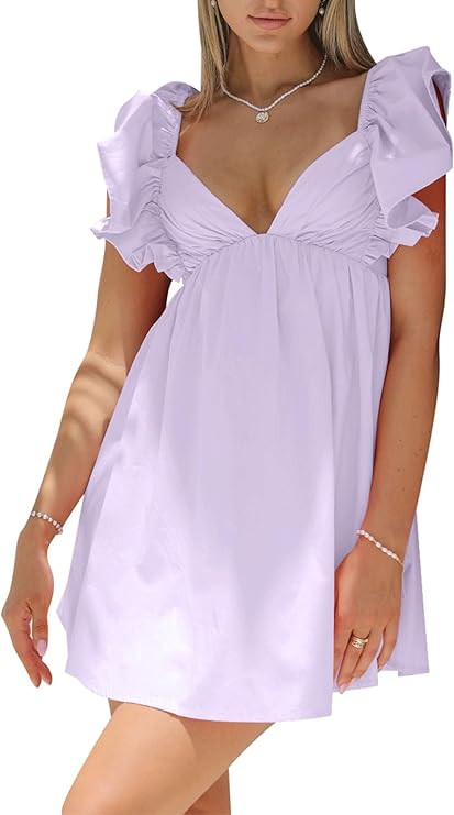 hibshaby Womens Sexy Deep V Neck Ruffle Sleeve Mini Dress Backless Lace Up Summer Dresses | Amazon (US)