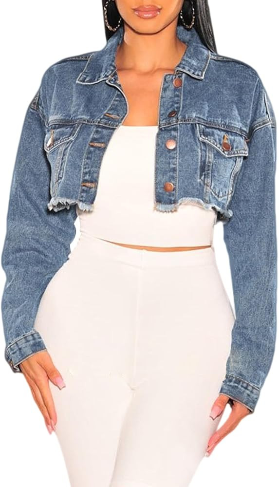 ZERMOM Women's Cropped Denim Jacket Button Down Long Sleeve Fitted Crop Top Jean Coat | Amazon (US)
