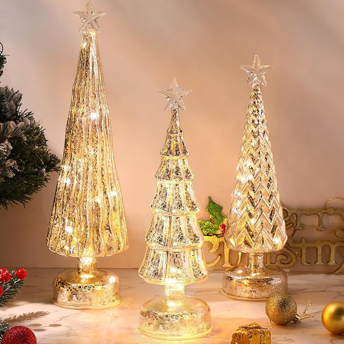 Yunsailing 3pcs Christmas Glass Tree Decoration with Fairy Lights Champagne Glitter Lighted Tree ... | Amazon (US)