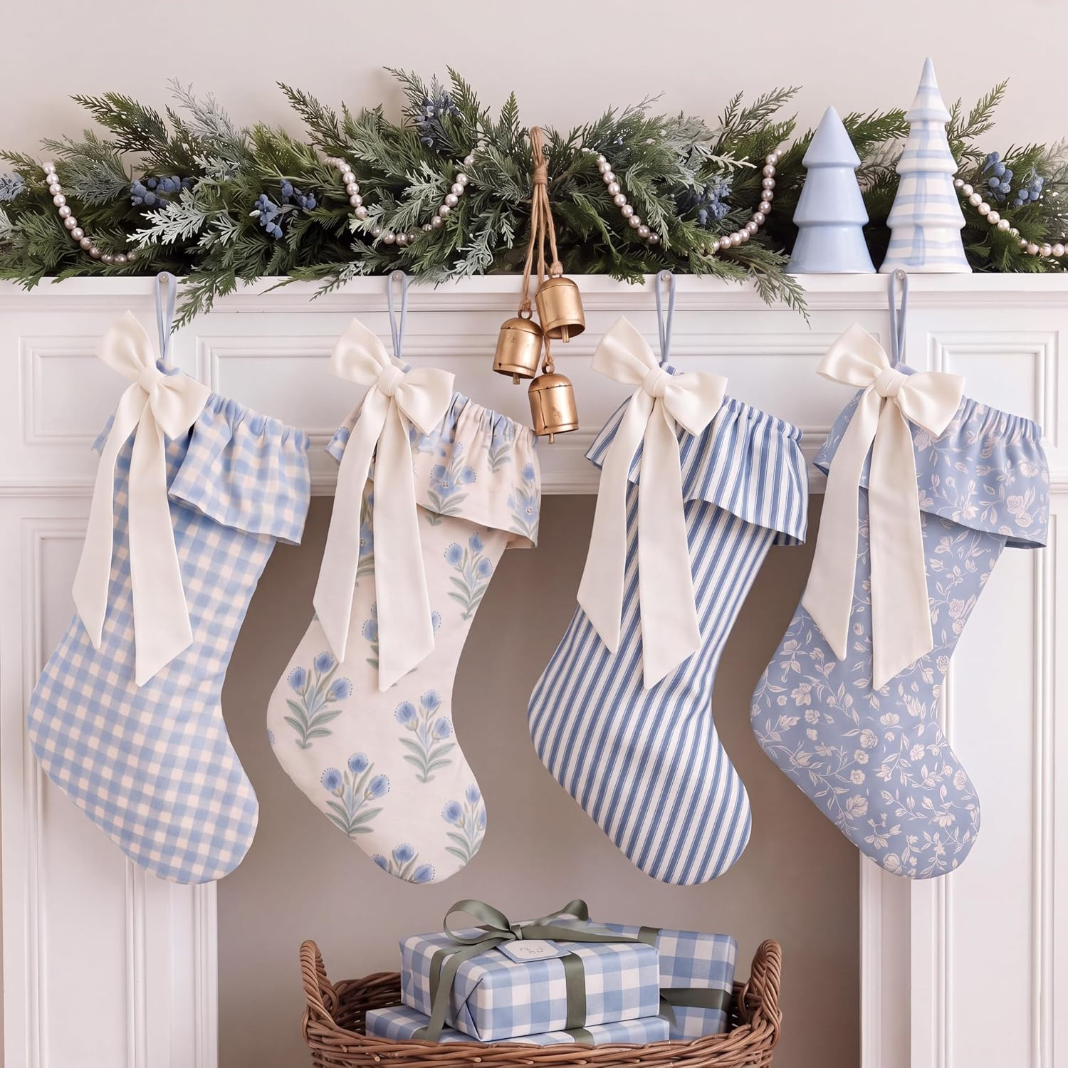 Twistover 4 Pack Christmas Gingham Floral Bow Stockings Blue Ruffled Socks | Amazon (US)