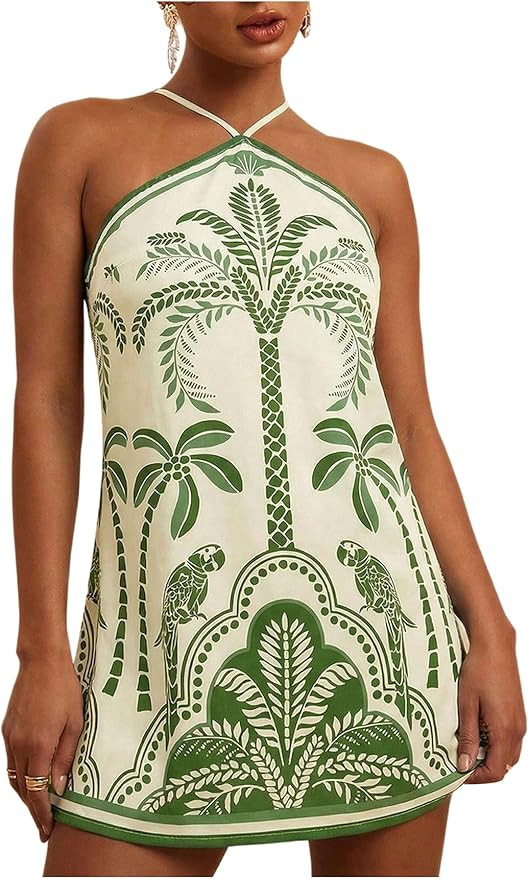 MakeMeChic Women's Halter Mini Dresses Summer Backless Tropical Caribbean Outfits Boho Beach Dres... | Amazon (US)