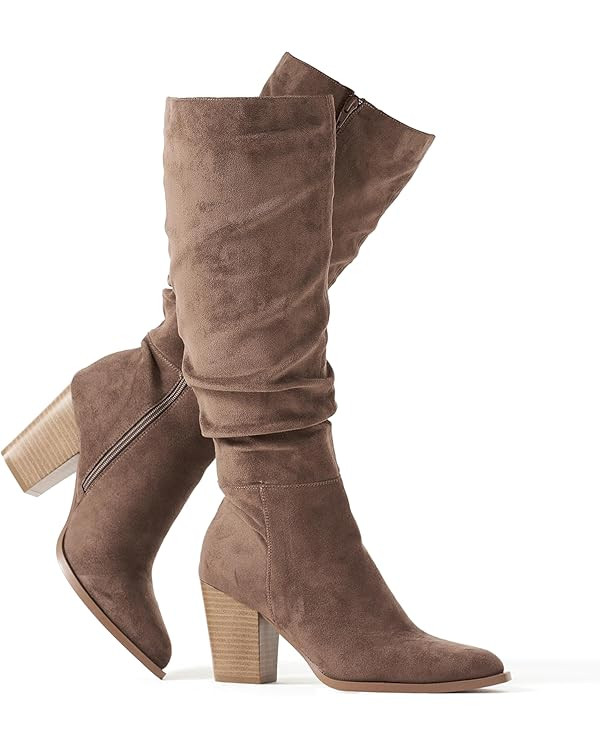 Putu Women's Pointed Toe Knee High Boots Faux Suede Slouch Boots with Chunky Heel | Amazon (US)