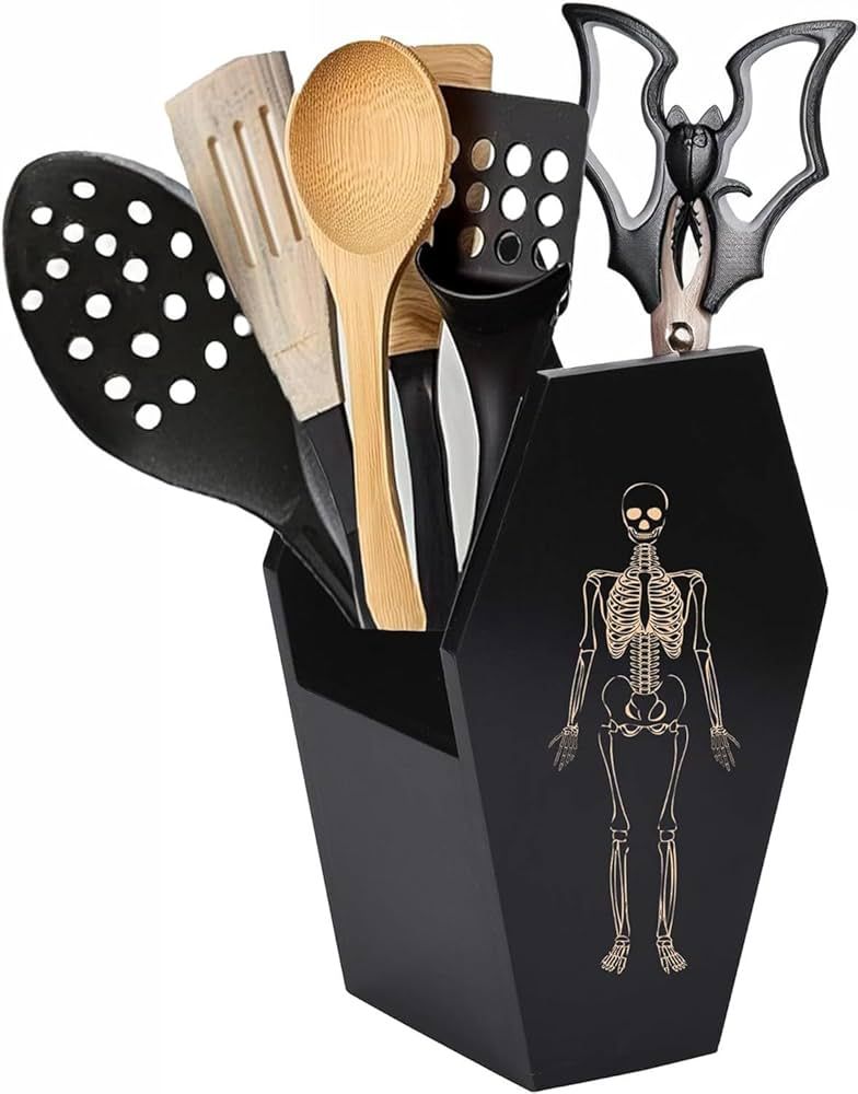 Halloween Kitchen Horror Decor - Large Capacity Skeleton Coffin Utensil Holder - Spooky Gothic Ki... | Amazon (US)