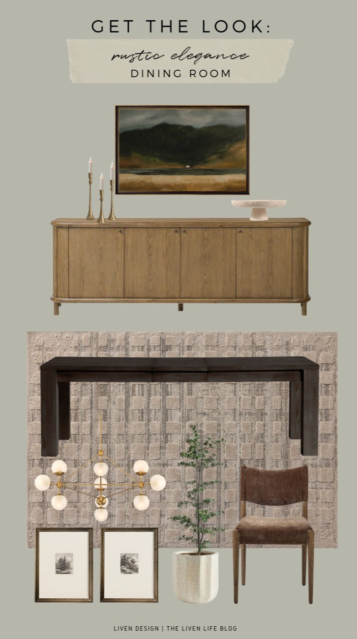 Rustic elegant dining room. Dining table. Dining chair. Landscape painting. Wall art. Home decor.  Pedestal bowl. Sideboard. Candlesticks 

#LTKSeasonal #LTKHome #LTKSaleAlert