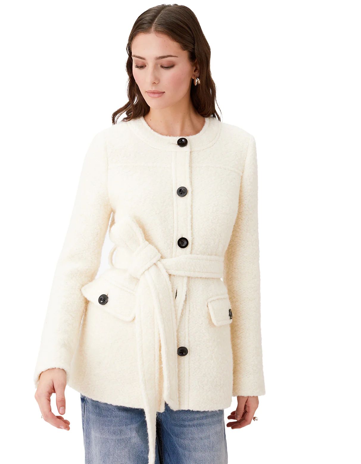 Elaine ivory collarless belted sherpa boucle blazer jacket | Toccin