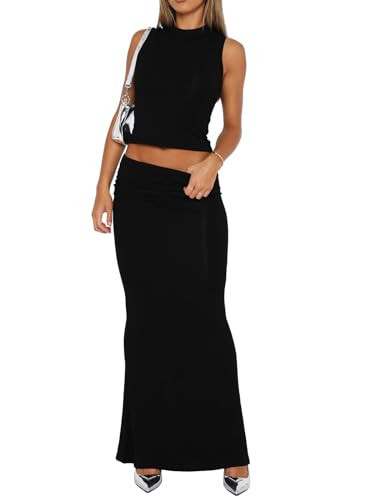 Two Piece Skirt Set for Women Sexy Summer Y2K 2 Pc Sleeveless Cropped Tank Tops and Bodycon Long Maxi Skirt Sets Black M | Amazon (US)