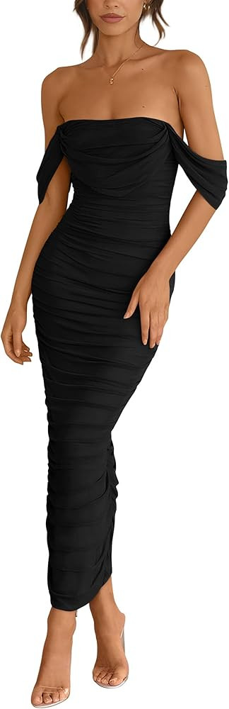 PRETTYGARDEN Womens Summer Off The Shoulder Dress Ruched Bodycon Sleeveless Split Cocktail Party ... | Amazon (US)