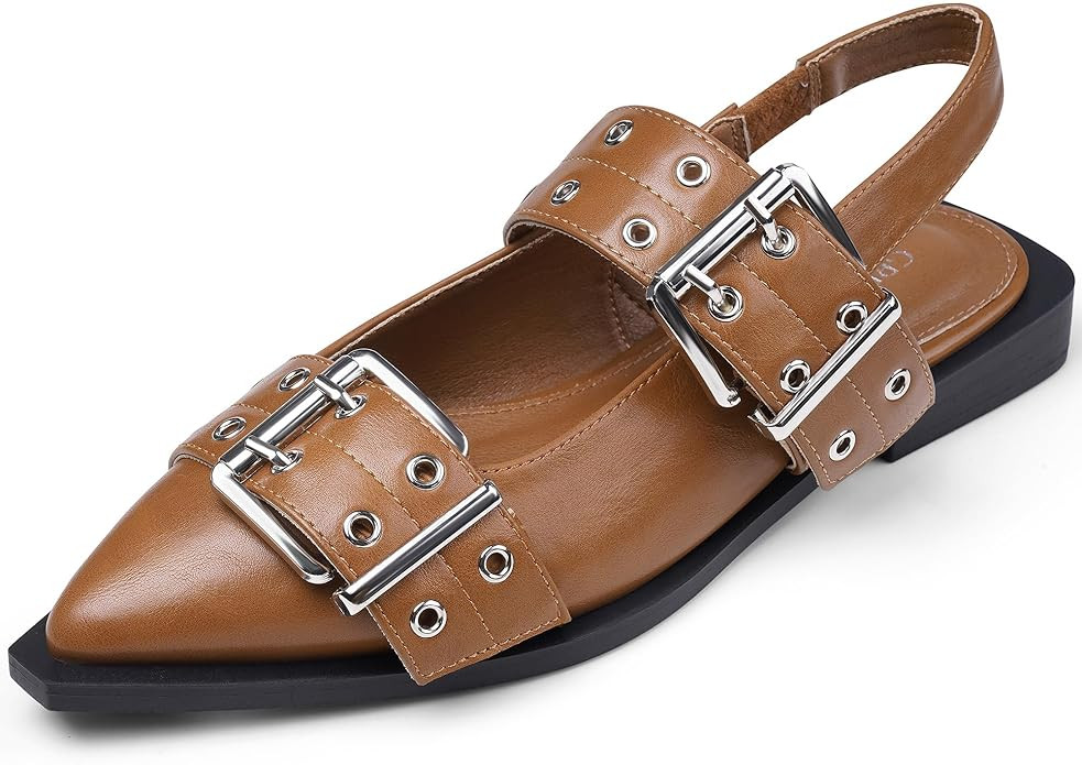 Greatonu Women's Slingback Flats Buckle Pointed Closed Toe Flat Shoes Comfortable Low Block Heel ... | Amazon (US)