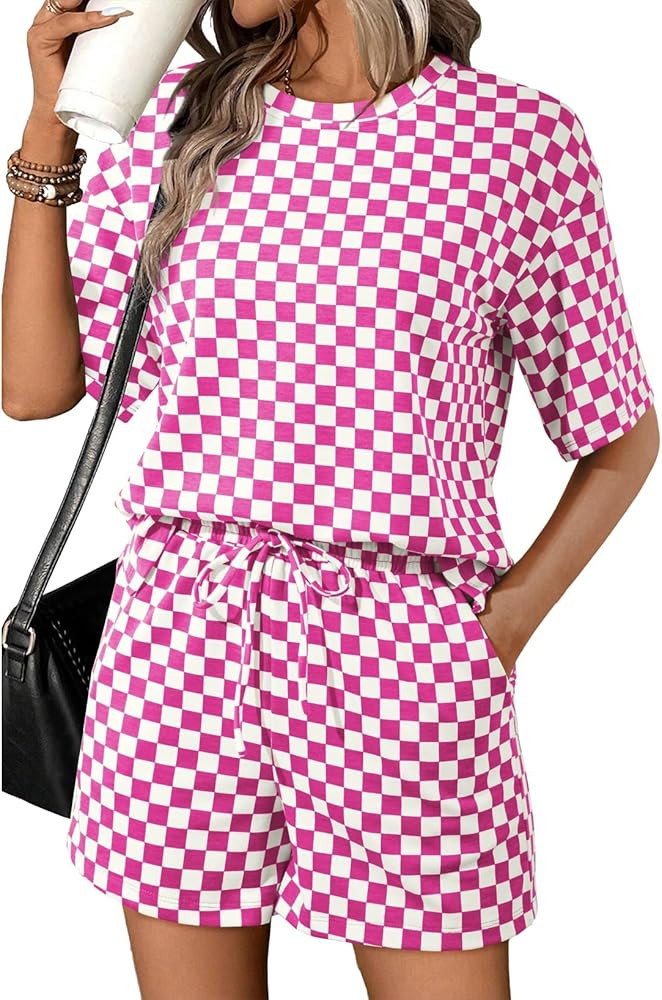 SHEWIN Women's Plaid 2 Piece Short Sets 2026 Lounge Beach Travel Vacation Outfits Matching Shorts... | Amazon (US)