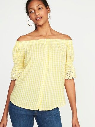 Old Navy Womens Off-The-Shoulder Button-Front Gingham Swing Top For Women Yellow Gingham Size L | Old Navy US