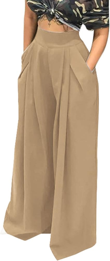 Famnbro Women's High Waisted Wide Leg Long Palazzo Pants with Pockets Plus Size | Amazon (US)