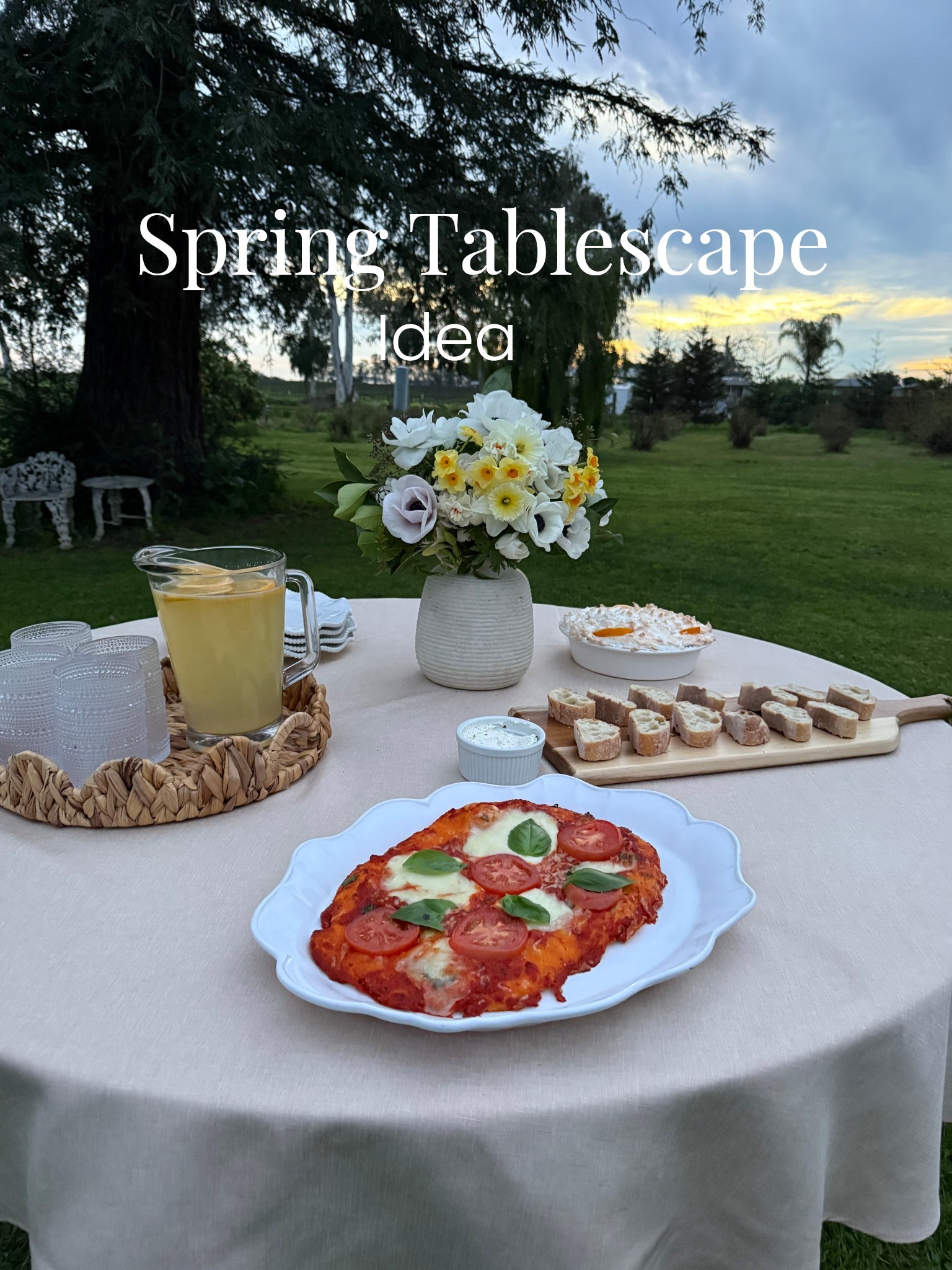 We were treated to an early spring! The daffodils and anemones bloomed early, and with spring quickly fading away and summer taking its place, I thought I’d share a few of my favorite spring blooms since it’s my favorite season and this easy spring tablescape idea with a homemade Margherita pizza, a homemade lemon meringue pie with Meyer lemons, lemonade and my favorite glassware! This will also be perfect for Easter!! 💛