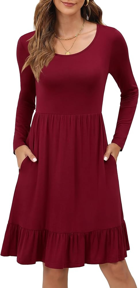 LILBETTER Women Casual Long Sleeve Knee Length Dresses Round Neck Pleated Fall Dress with Pockets... | Amazon (US)