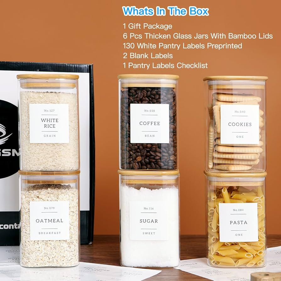 CZZGSM 6 Pack Square Kitchen Storage Jars with Airtight Bamboo Lids and 132 Pantry Labels - 35oz ... | Amazon (US)