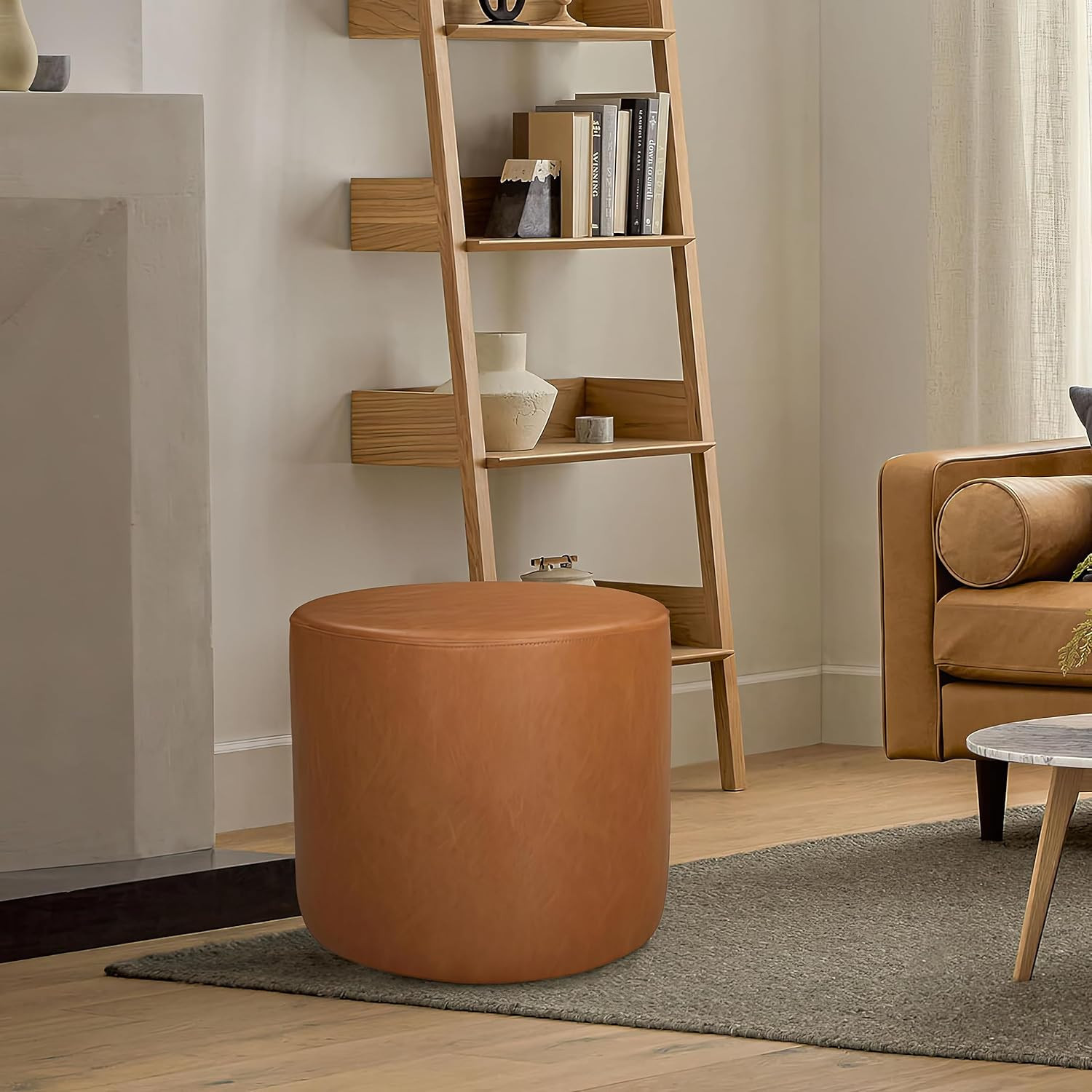 Lifestyle Solutions 19” Wentworth Ottoman Round Faux Leather Bench, Stationary Ottomans, Backless Chair, Footrest for Living Room, Footstool Office, Bedroom, Padded Seat, Caramel Brown | Amazon (US)