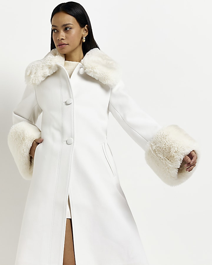 Cream wool faux fur detail longline coat | River Island (UK & IE)