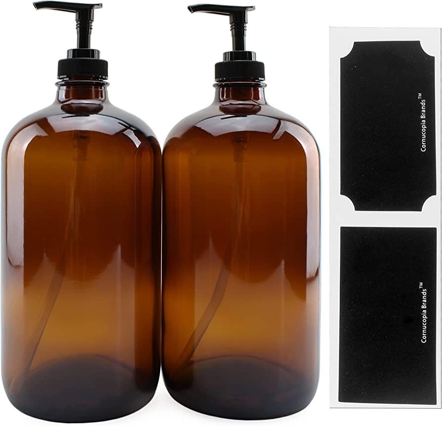 32-Ounce Amber Glass Lotion Pump Bottles (2-Pack); Quart Size Brown Bottles w/Black Plastic Locki... | Amazon (US)