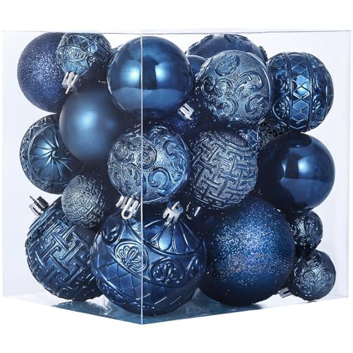 46 Pcs Navy Blue Christmas Ball Ornaments, Shatterproof Christmas Tree Ornaments Set with Velvet Christmas Bows Decor, Vintage Xmas Decorations with Hanging Hooks in 3 Sizes(Small Medium Large) | Amazon (US)