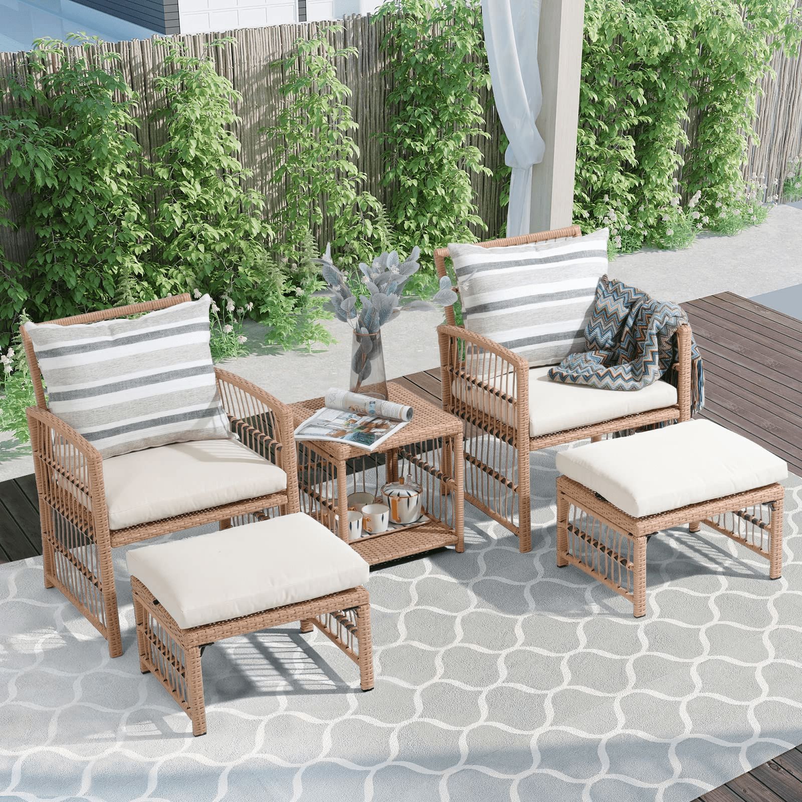 5 Piece Wicker Patio Furniture Set, All Weather Rattan Outdoor Conversation Bistro Set with Ottom... | Walmart (US)