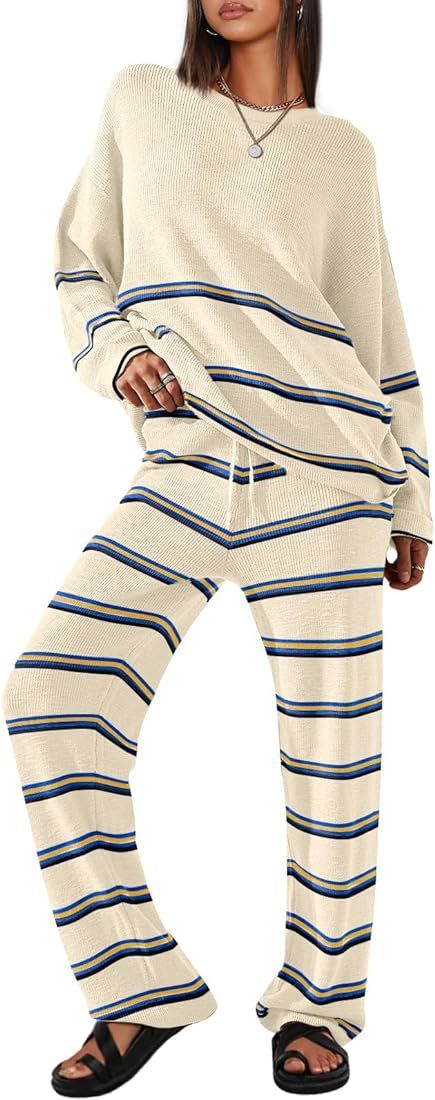 2 Piece Outfits for Women 2023 Oversized Fall Lounge Sets Striped Sweaters Cozy Knit Long Sleeve ... | Amazon (US)