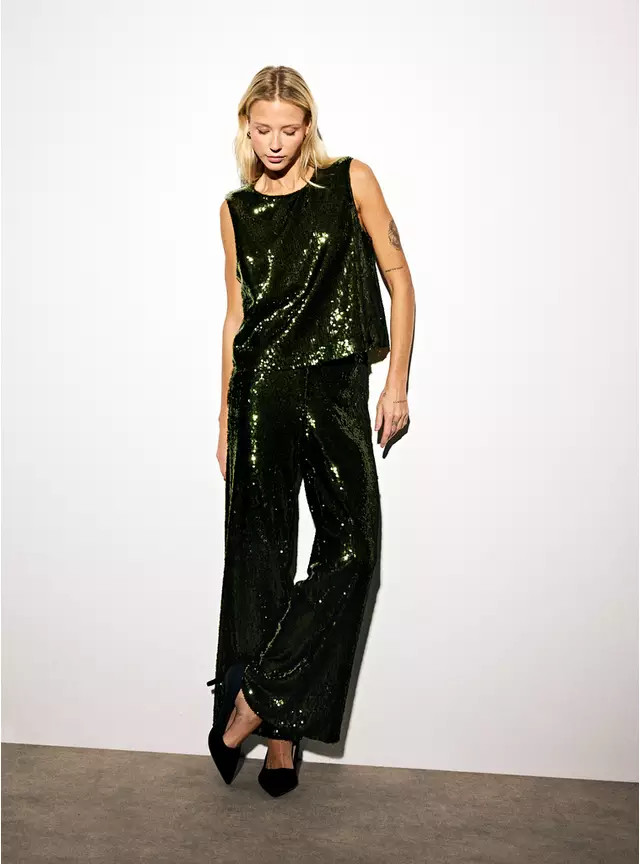 Green Sequin Embellished Wide Tailored Trousers 20R | Tu Clothing